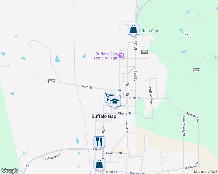 map of restaurants, bars, coffee shops, grocery stores, and more near 702 Pecan St in Buffalo Gap