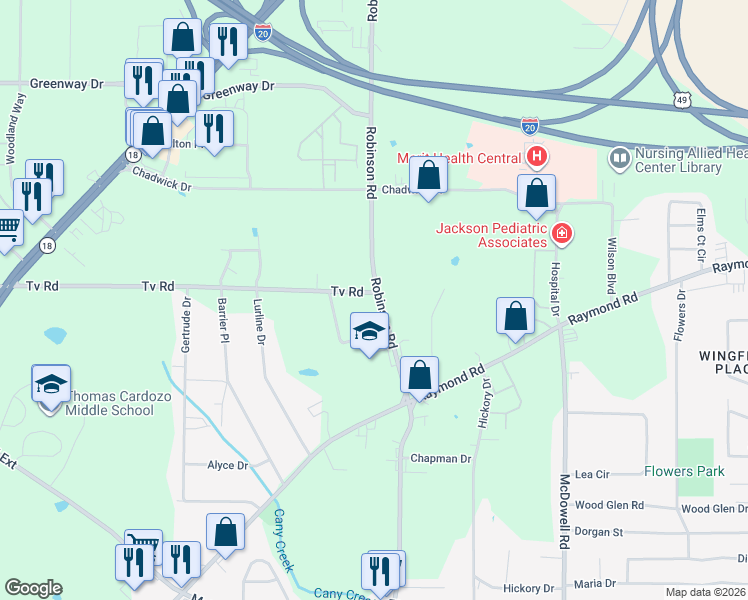 map of restaurants, bars, coffee shops, grocery stores, and more near 5100-5198 Robinson Road Exd in Jackson