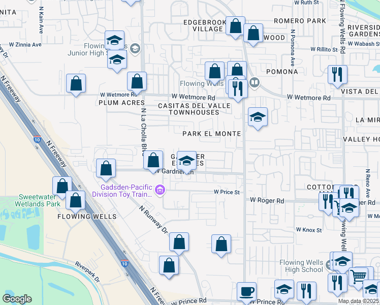 map of restaurants, bars, coffee shops, grocery stores, and more near 1931 West Desert Broom Lane in Tucson
