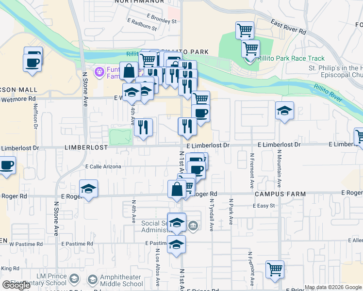 map of restaurants, bars, coffee shops, grocery stores, and more near North 1st Avenue & East Limberlost Drive in Tucson