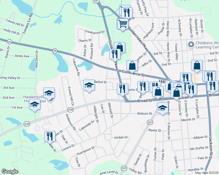 map of restaurants, bars, coffee shops, grocery stores, and more near 60 Martin Street in Hawkinsville