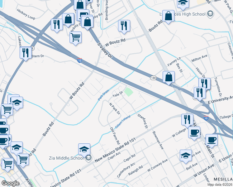map of restaurants, bars, coffee shops, grocery stores, and more near 2013 Yale Court in Las Cruces