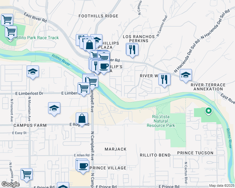 map of restaurants, bars, coffee shops, grocery stores, and more near 2028 East River Road in Tucson