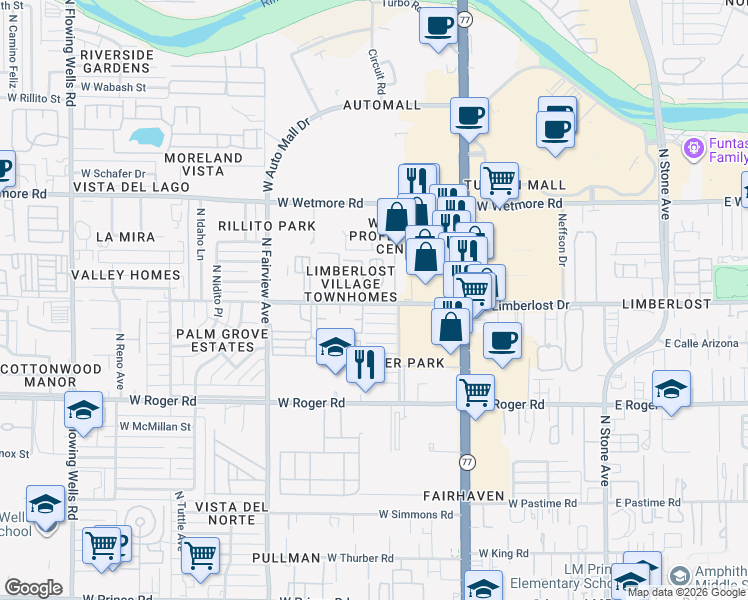 map of restaurants, bars, coffee shops, grocery stores, and more near 613 West Limberlost Drive in Tucson