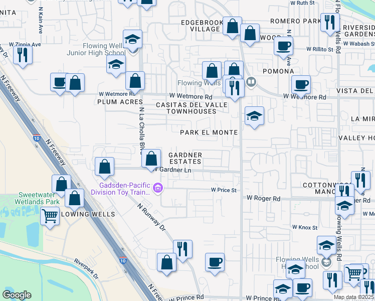 map of restaurants, bars, coffee shops, grocery stores, and more near 1931 West Desert Broom Lane in Tucson