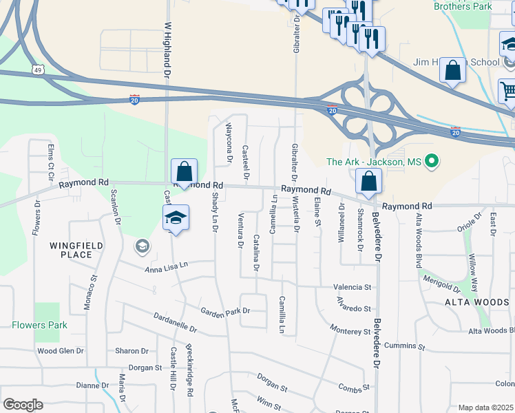 map of restaurants, bars, coffee shops, grocery stores, and more near 1815 Camellia Lane in Jackson