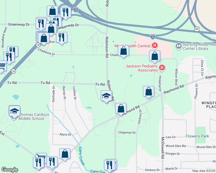 map of restaurants, bars, coffee shops, grocery stores, and more near 5100-5198 Robinson Road Exd in Jackson