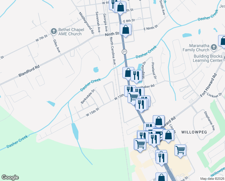 map of restaurants, bars, coffee shops, grocery stores, and more near 255 South Georgia Avenue in Rincon
