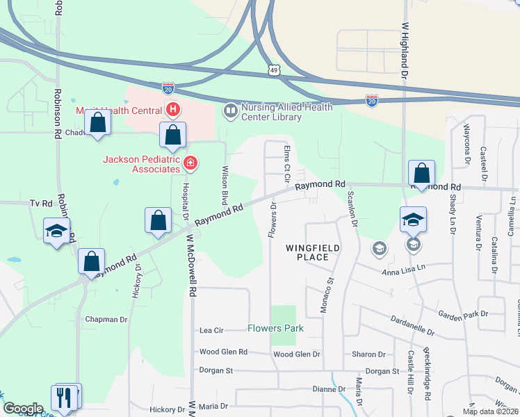 map of restaurants, bars, coffee shops, grocery stores, and more near 1351 Raymond Rd in Jackson