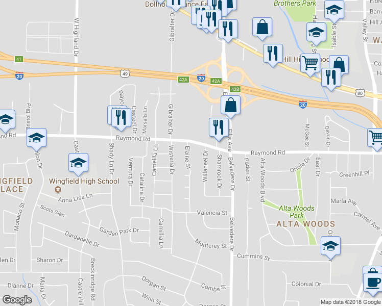 map of restaurants, bars, coffee shops, grocery stores, and more near 1828 Elaine Street in Jackson
