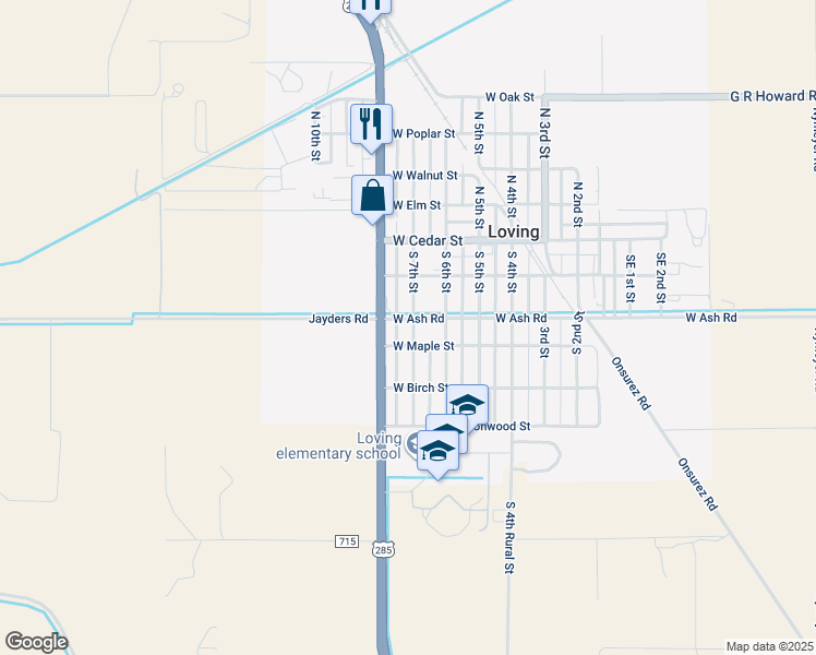 map of restaurants, bars, coffee shops, grocery stores, and more near 701 West Ash Road in Loving