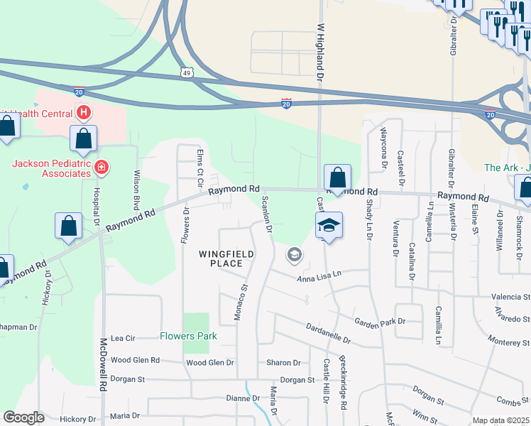 map of restaurants, bars, coffee shops, grocery stores, and more near 1985 Scanlon Drive in Jackson