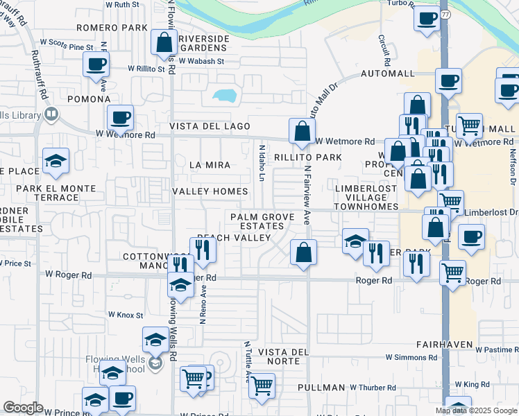 map of restaurants, bars, coffee shops, grocery stores, and more near 4207 North Idaho Lane in Tucson