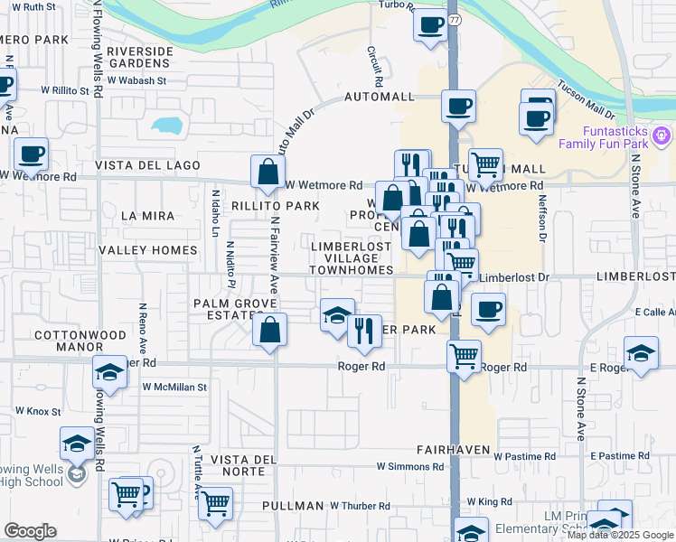 map of restaurants, bars, coffee shops, grocery stores, and more near 742 West Limberlost Drive in Tucson