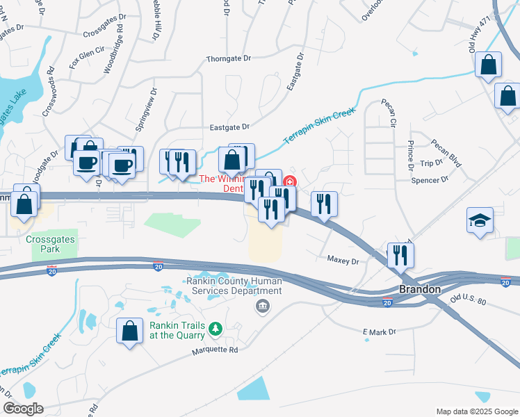 map of restaurants, bars, coffee shops, grocery stores, and more near 1323 U.S. 80 in Brandon