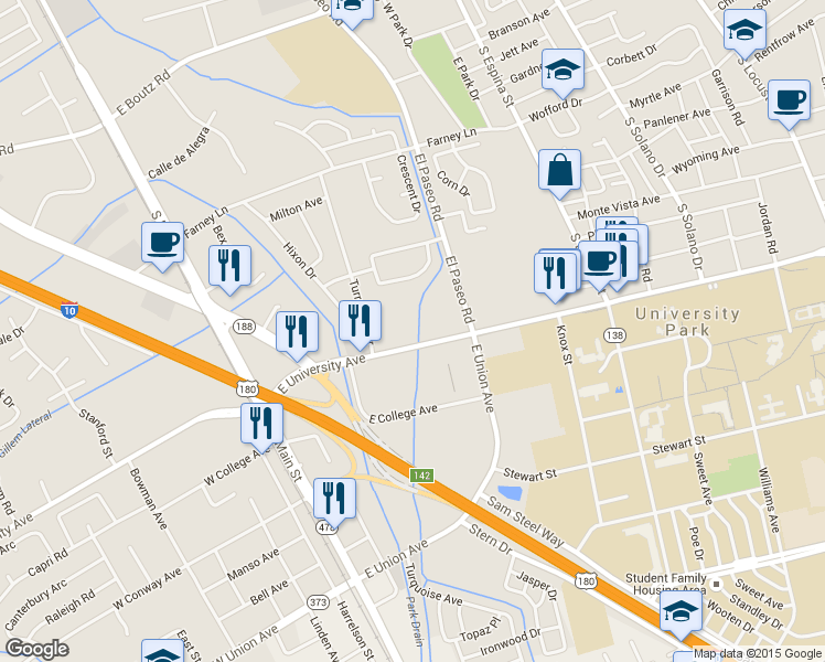 map of restaurants, bars, coffee shops, grocery stores, and more near 617619 East University Avenue in Las Cruces