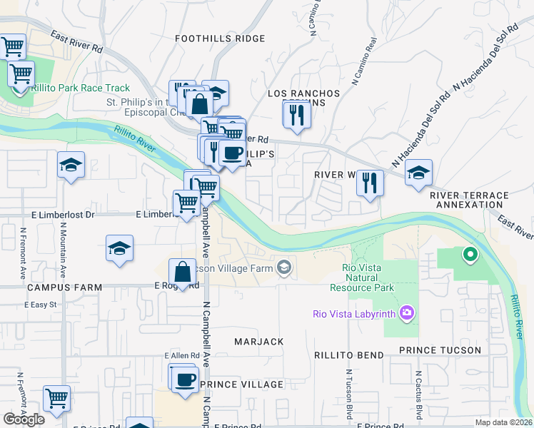 map of restaurants, bars, coffee shops, grocery stores, and more near 2028 East River Road in Tucson