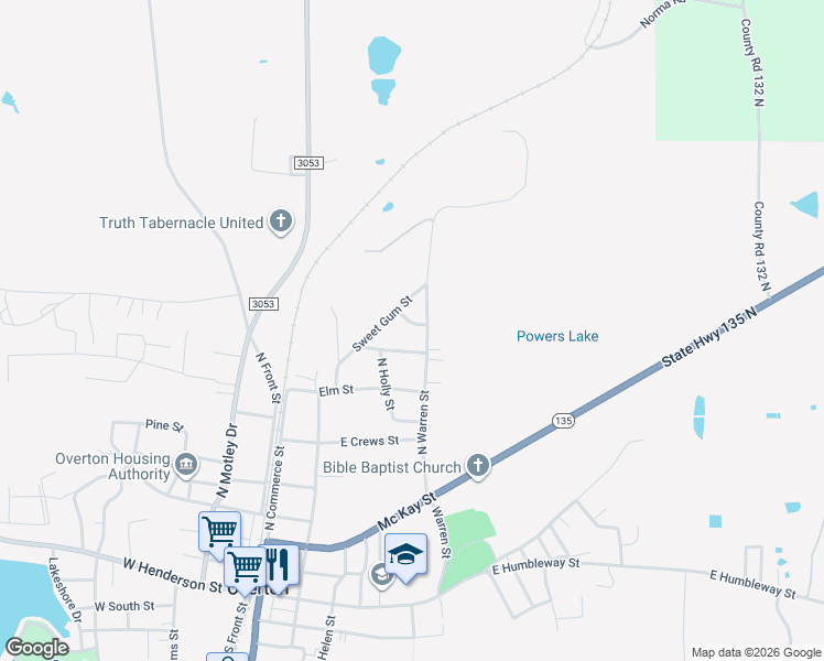 map of restaurants, bars, coffee shops, grocery stores, and more near 506 Cedar Street in Overton