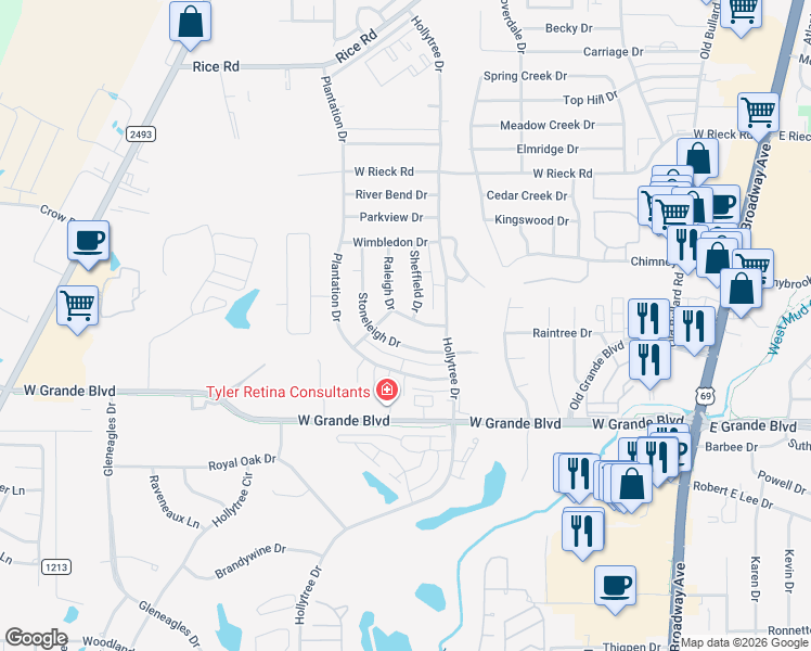 map of restaurants, bars, coffee shops, grocery stores, and more near 6005 Raleigh Drive in Tyler