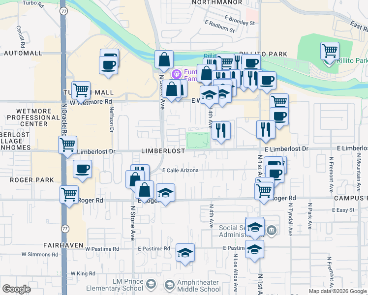 map of restaurants, bars, coffee shops, grocery stores, and more near 330 East Limberlost Drive in Tucson