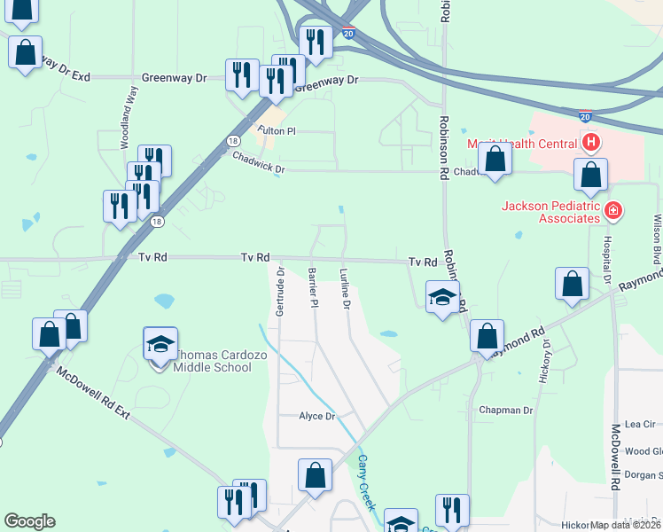 map of restaurants, bars, coffee shops, grocery stores, and more near 1917 Tv Road in Jackson