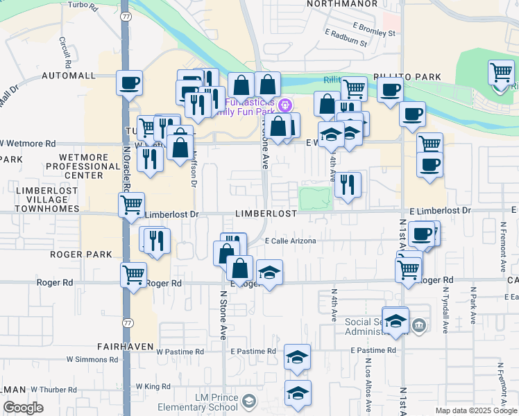 map of restaurants, bars, coffee shops, grocery stores, and more near 4216 North Villas Placitas in Tucson