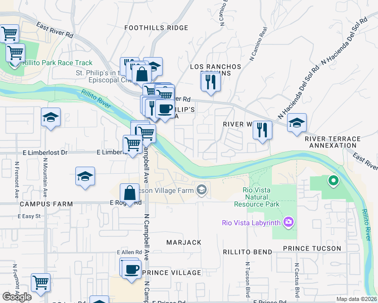 map of restaurants, bars, coffee shops, grocery stores, and more near 2028 East River Road in Tucson