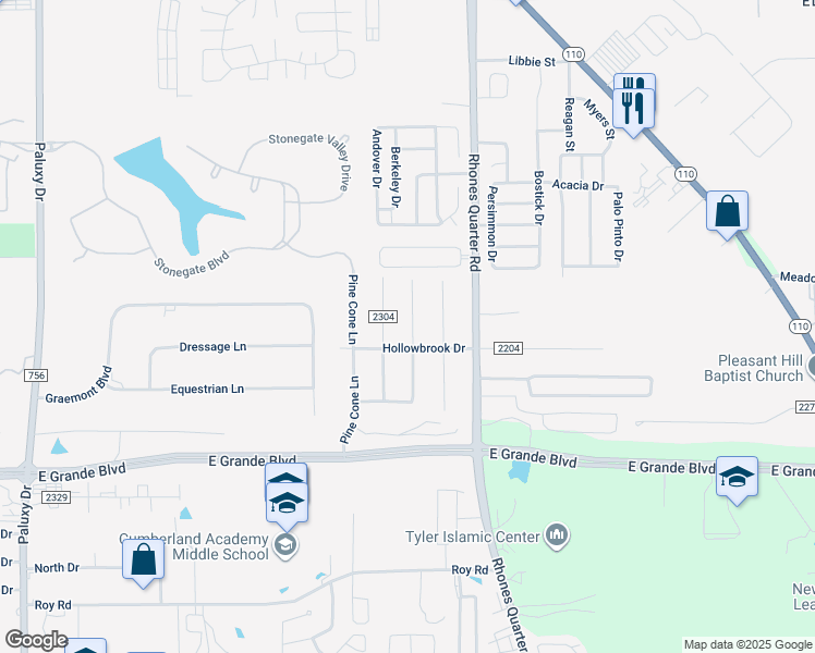 map of restaurants, bars, coffee shops, grocery stores, and more near 6038 Mesquite Drive in Tyler