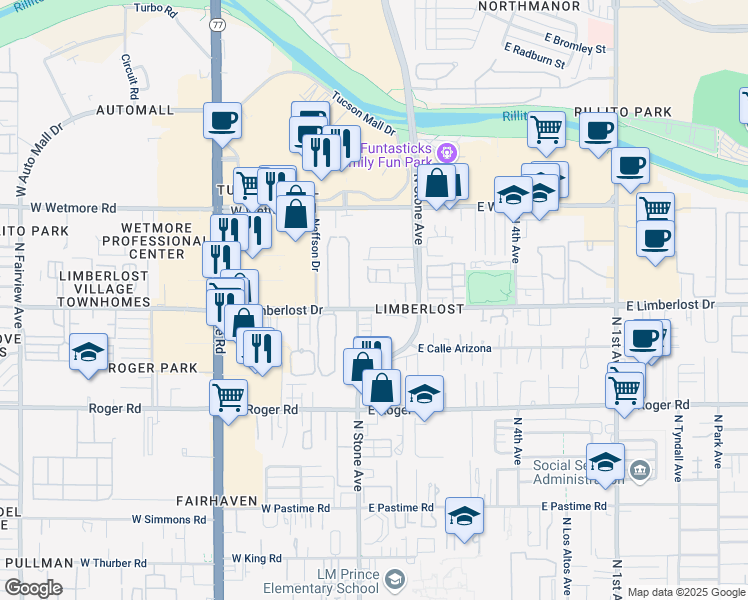 map of restaurants, bars, coffee shops, grocery stores, and more near 31 East Limberlost Drive in Tucson