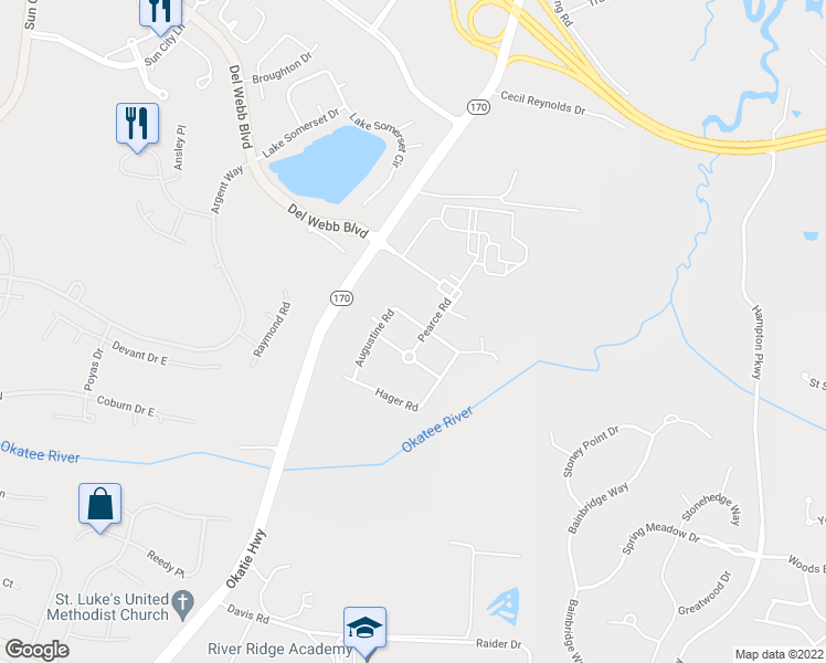 map of restaurants, bars, coffee shops, grocery stores, and more near 27 Augustine Road in Bluffton
