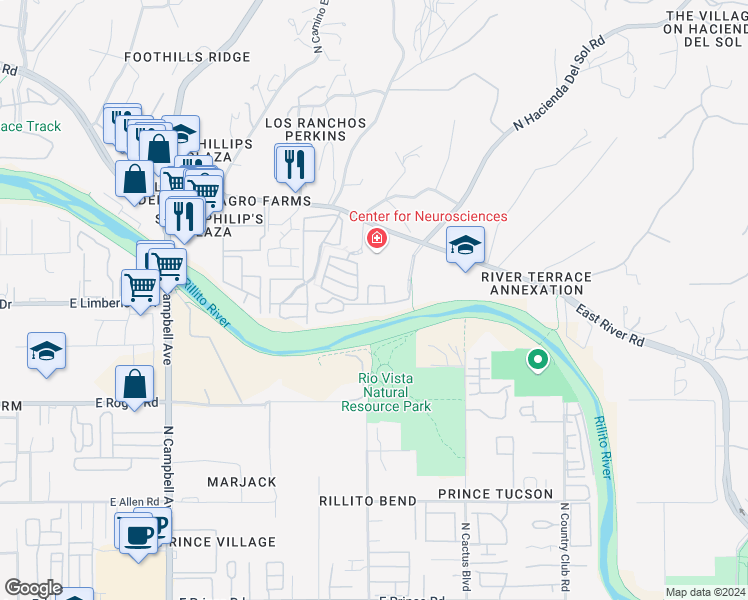 map of restaurants, bars, coffee shops, grocery stores, and more near 2550 East River Road in Tucson