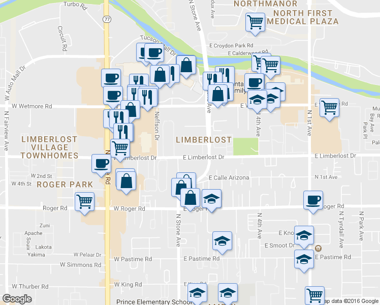 map of restaurants, bars, coffee shops, grocery stores, and more near 45 East Limberlost Drive in Tucson