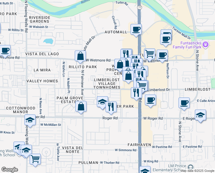 map of restaurants, bars, coffee shops, grocery stores, and more near 742 West Limberlost Drive in Tucson
