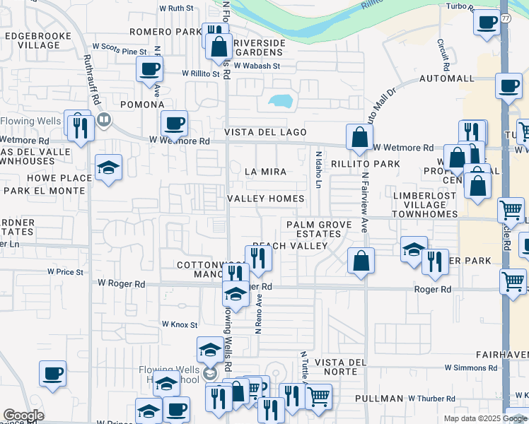 map of restaurants, bars, coffee shops, grocery stores, and more near 1257 West Garnette Street in Tucson