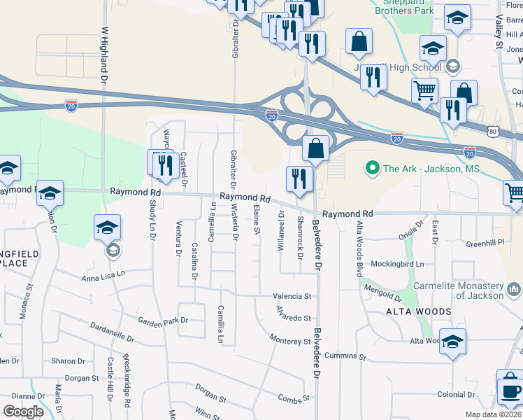 map of restaurants, bars, coffee shops, grocery stores, and more near in Jackson