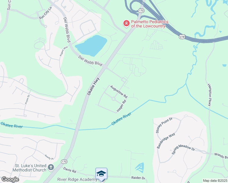 map of restaurants, bars, coffee shops, grocery stores, and more near 29 Augustine Road in Bluffton