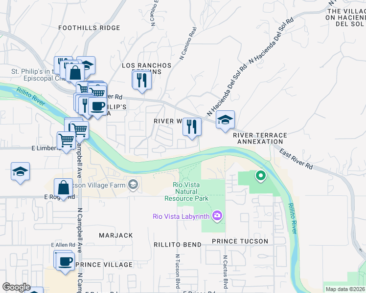 map of restaurants, bars, coffee shops, grocery stores, and more near 2550 East River Road in Tucson