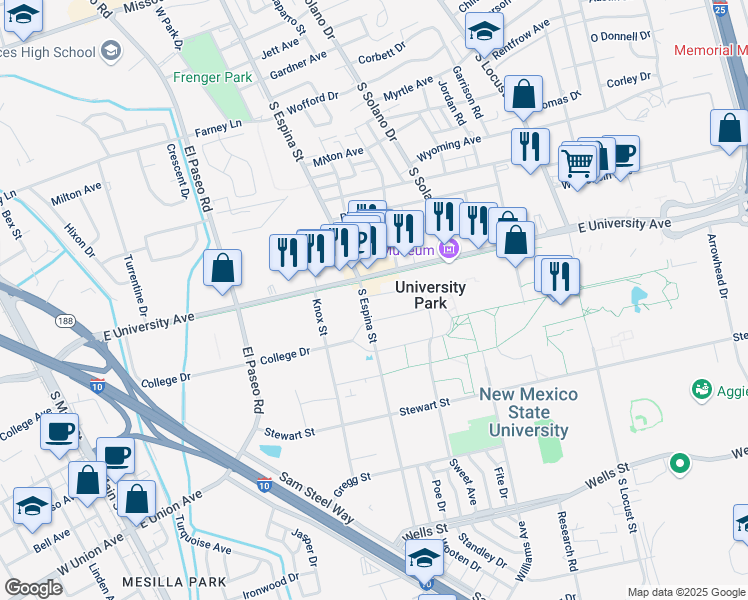 map of restaurants, bars, coffee shops, grocery stores, and more near 1780 East University Avenue in Las Cruces