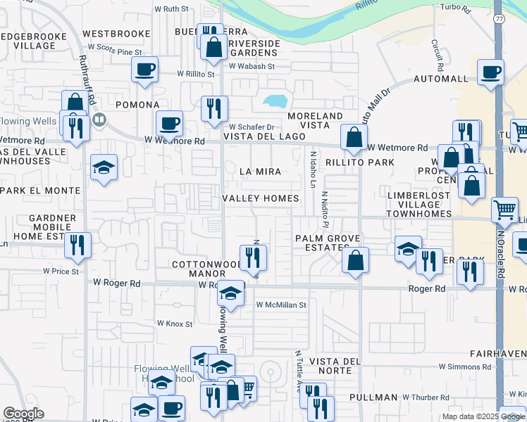 map of restaurants, bars, coffee shops, grocery stores, and more near 1257 West Garnette Street in Tucson