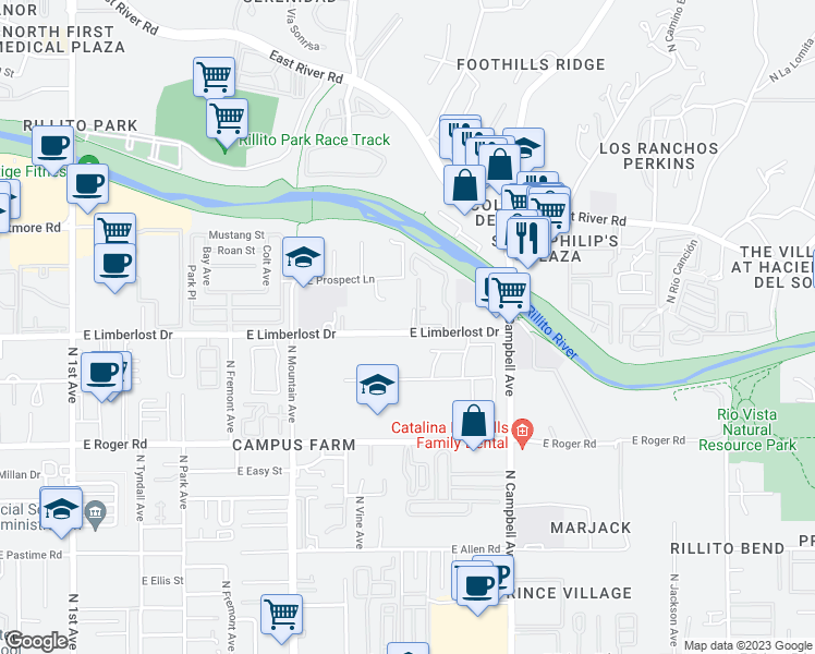 map of restaurants, bars, coffee shops, grocery stores, and more near 4207 North Ornee Court in Tucson