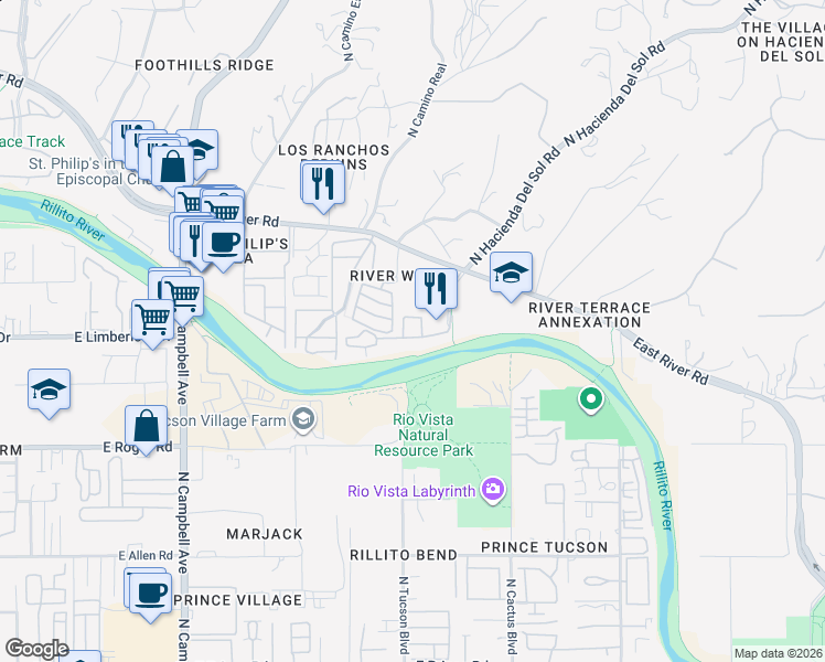 map of restaurants, bars, coffee shops, grocery stores, and more near 2550 East River Road in Tucson