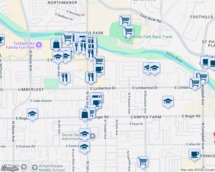 map of restaurants, bars, coffee shops, grocery stores, and more near 904 East Limberlost Drive in Tucson
