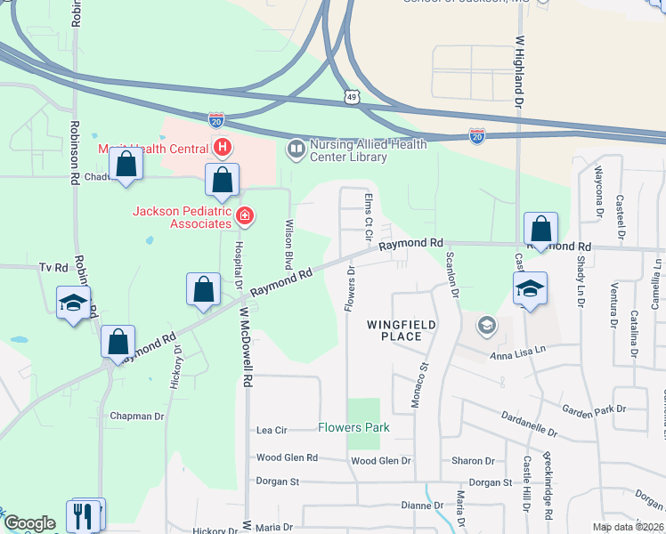 map of restaurants, bars, coffee shops, grocery stores, and more near 1351 Raymond Rd in Jackson