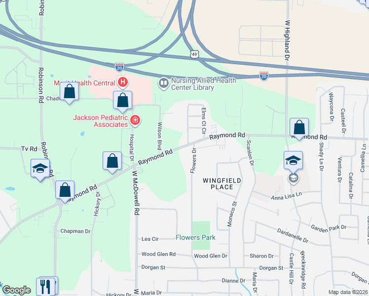 map of restaurants, bars, coffee shops, grocery stores, and more near 1351 Raymond Rd in Jackson