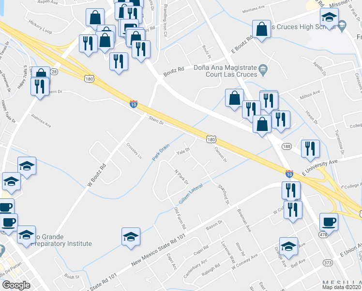 map of restaurants, bars, coffee shops, grocery stores, and more near 2010 Stanford Street in Las Cruces