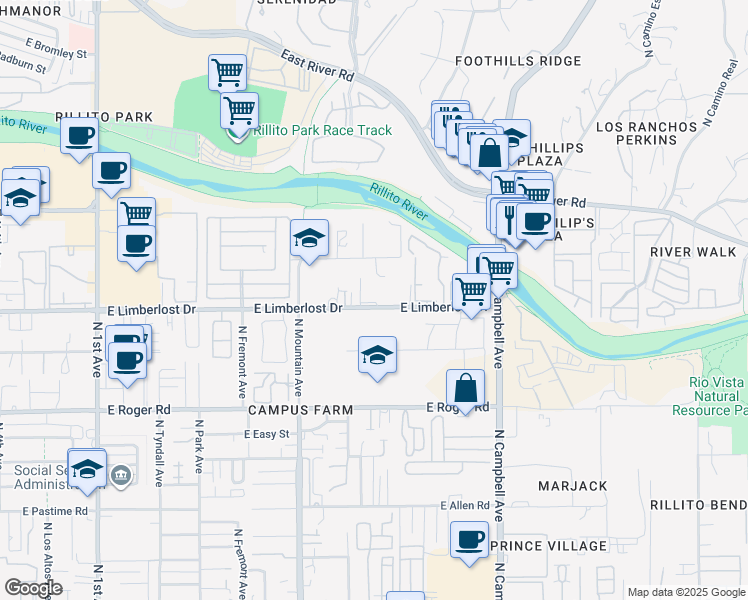 map of restaurants, bars, coffee shops, grocery stores, and more near 1511 East Limberlost Drive in Tucson