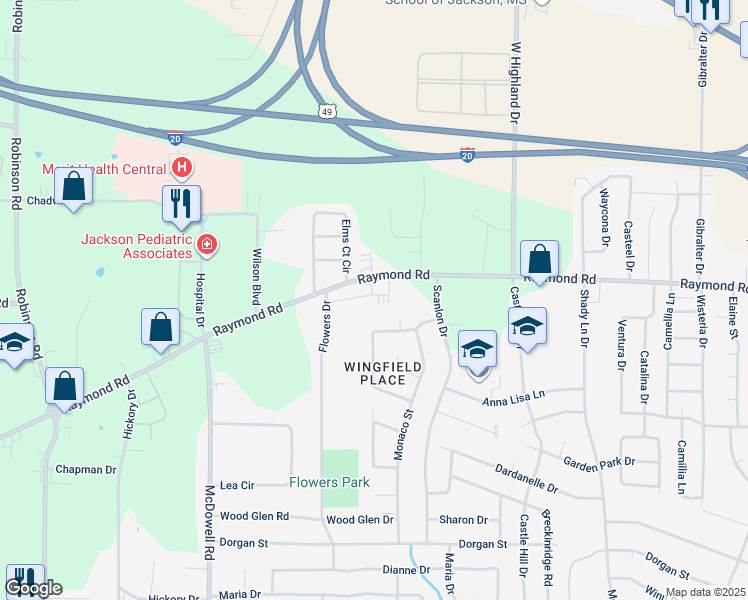 map of restaurants, bars, coffee shops, grocery stores, and more near 1289 Raymond Road in Jackson