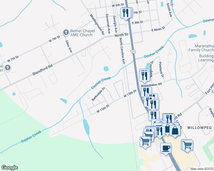 map of restaurants, bars, coffee shops, grocery stores, and more near 61 Barksdale Drive in Rincon