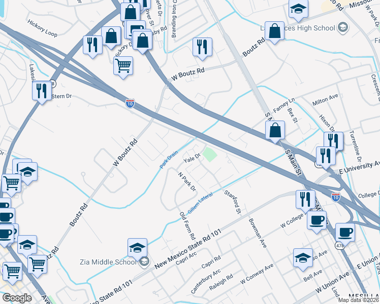 map of restaurants, bars, coffee shops, grocery stores, and more near 2013 Yale Court in Las Cruces