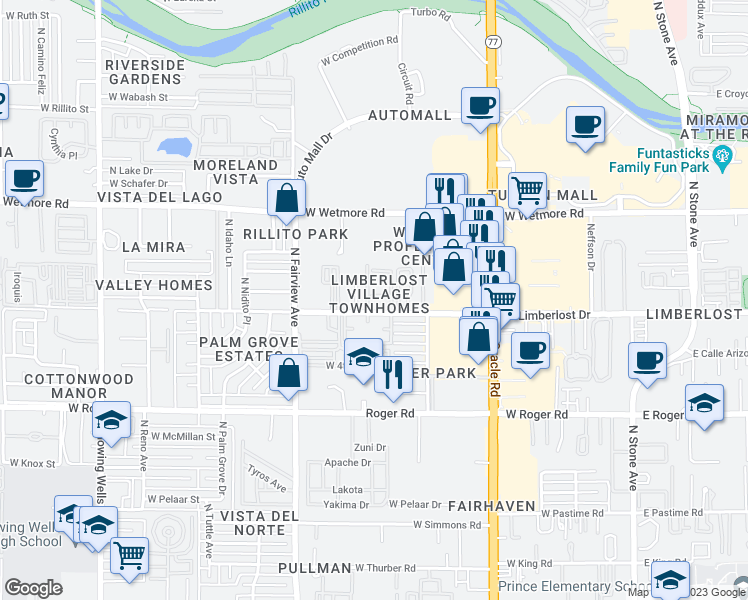 map of restaurants, bars, coffee shops, grocery stores, and more near 712 West Limberlost Drive in Tucson